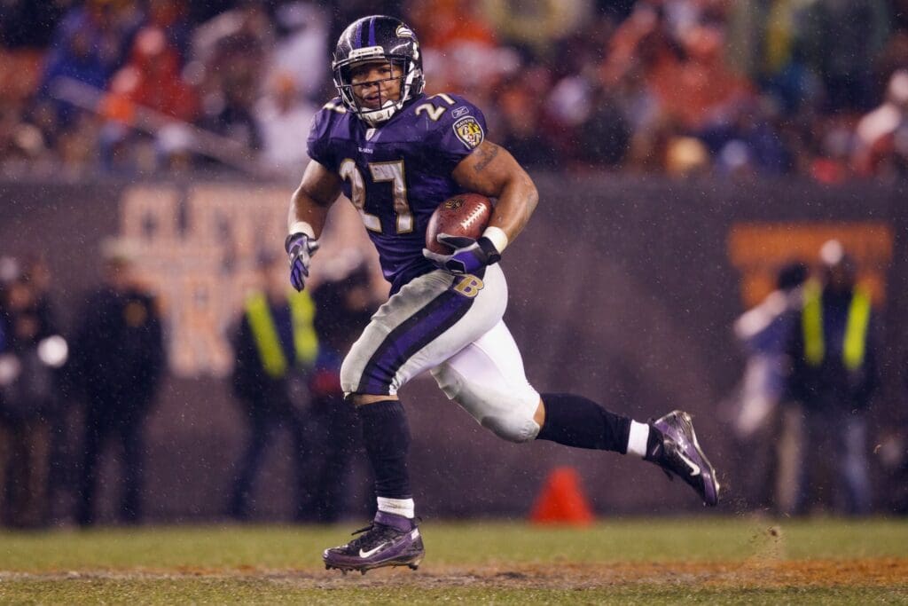 Dec 4, 2011; Cleveland, OH, USA; Baltimore Ravens running back Ray Rice (27) runs the ball in the fourth quarter against the Cleveland Browns at Cleveland Browns Stadium.