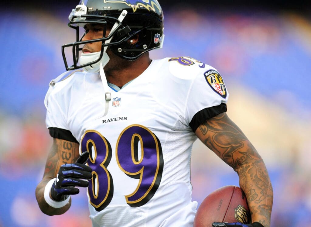 Aug 7, 2014; Baltimore, MD, USA; Baltimore Ravens wide Receiver Steve Smith, Sr. (89) warms up prior to the game against the San Francisco 49ers at M&T Bank Stadium.