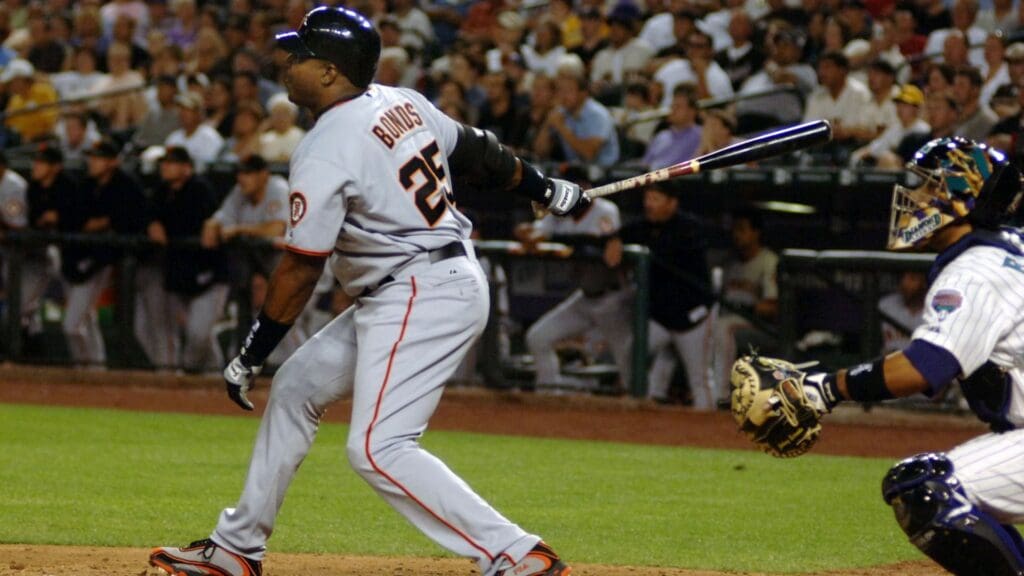 Apr 18, 2006; Phoenix, AZ, USA; San Francisco Giants left fielder (25) Barry Bonds hits a double against the Arizona Diamondbacks at Chase Field in Phoenix, AZ