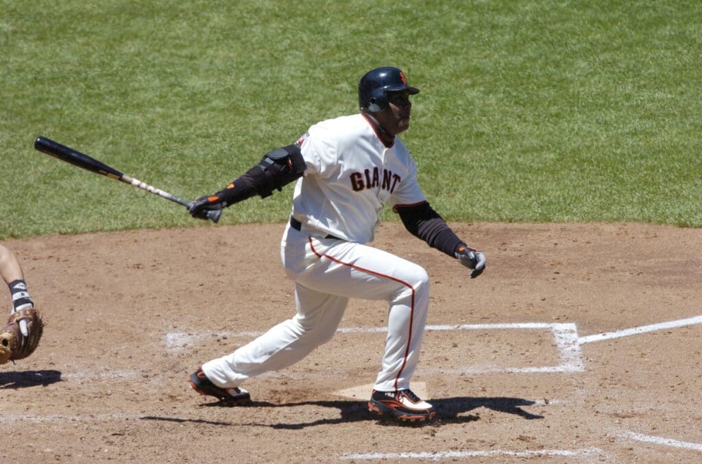 July 1, 2007; San Francisco, CA, USA; San Francisco Giants left fielder Barry Bonds (25) hits a two-run RBI-double during the 5th inning against the Arizona Diamondbacks at AT&T Park in San Francisco, CA. The Giants defeated the Diamondbacks 13-0.