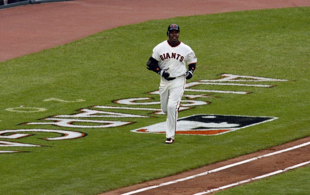 Jul 10, 2007; San Francisco, CA, USA; National League outfielder Barry Bonds (25) runs to first base on an out during the 3rd inning of the All-Star Game against the American League at AT&T Park in San Francisco, California.
