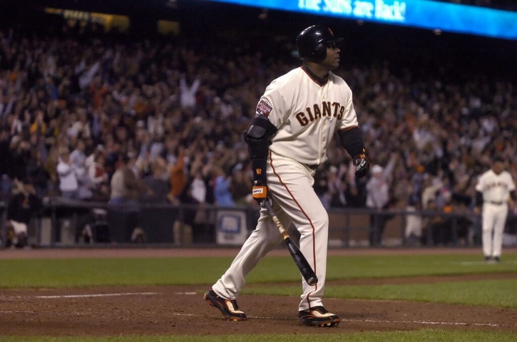 June 29, 2007; San Francisco, CA, USA; San Francisco Giants left fielder Barry Bonds (25) hits his 750th homerun off of Arizona Diamondbacks starting pitcher Livan Hernandez (not pictured) during the 8th inning at AT&T Park in San Francisco, CA. Bonds is six homeruns away from breaking the career homerun record set by Hank Aaron, 755.