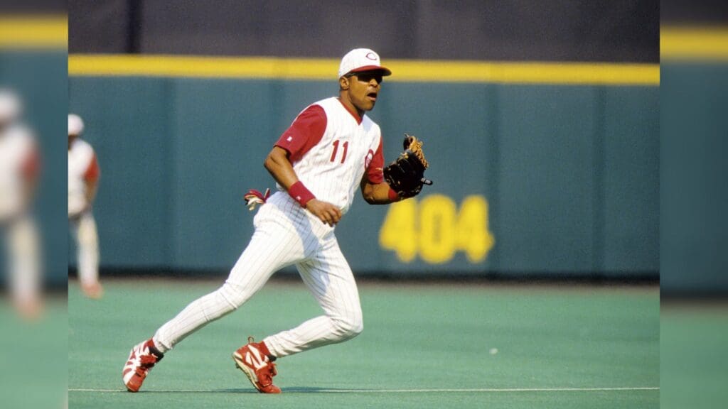1998, Cincinnati, OH, USA; FILE PHOTO; Cincinnati Reds shortstop Barry Larkin in action at River Front Stadium during the 1998 season.