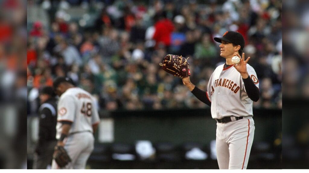 May 21, 2010; Oakland, CA, USA; San Francisco Giants pitcher Barry Zito (75) calls for a new ball against the Oakland Athletics in the second inning at Oakland-Alameda County Coliseum in Oakland, CA.