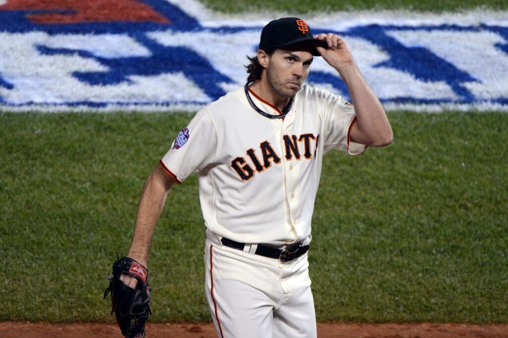 Oct 24, 2012; San Francisco, CA, USA; San Francisco Giants starting pitcher Barry Zito (75) tips his hat to the fans as he comes out of the game in the sixth inning of game one of the 2012 World Series at AT&T Park.