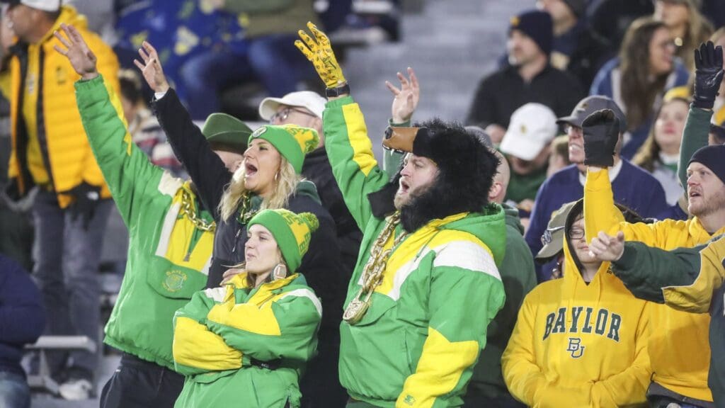 Baylor Bears fans cheer during the second quarter against the West Virginia Mountaineers at Mountaineer Field at Milan Puskar Stadium.