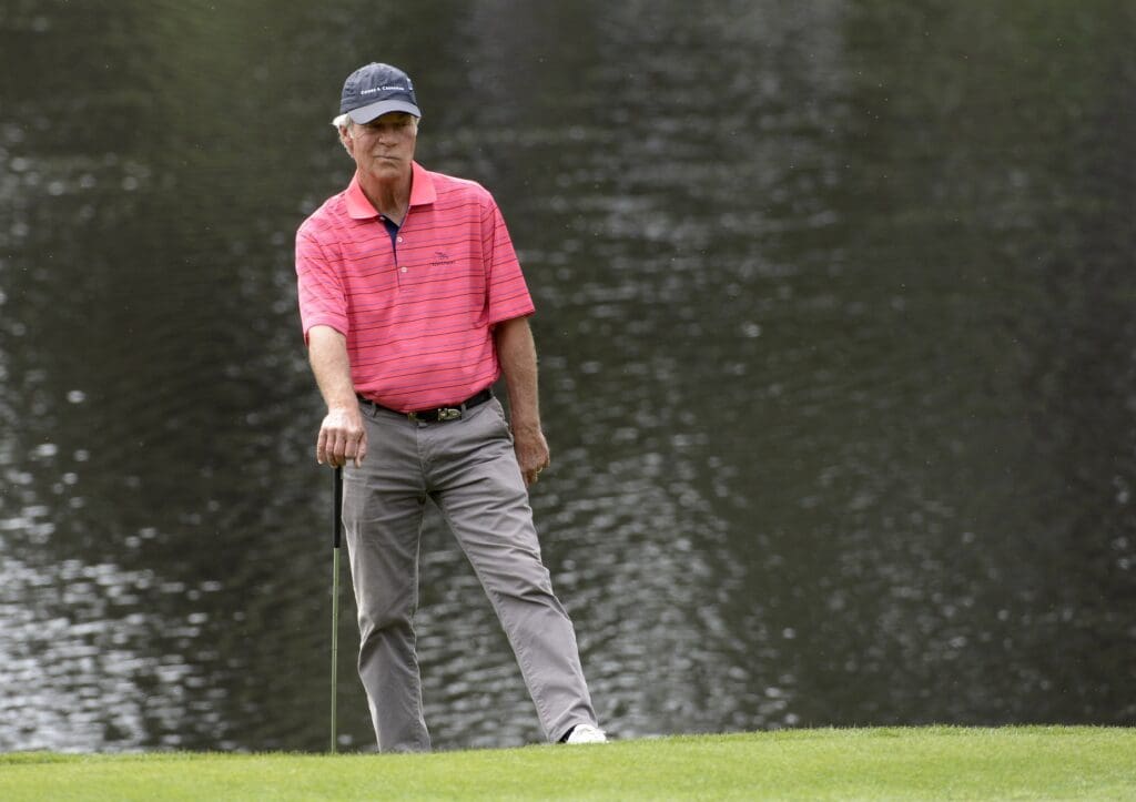 Apr 6, 2016; Augusta, GA, USA; Ben Crenshaw on the 4th green during the Par 3 Contest prior to the 2016 The Masters golf tournament at Augusta National Golf Club.