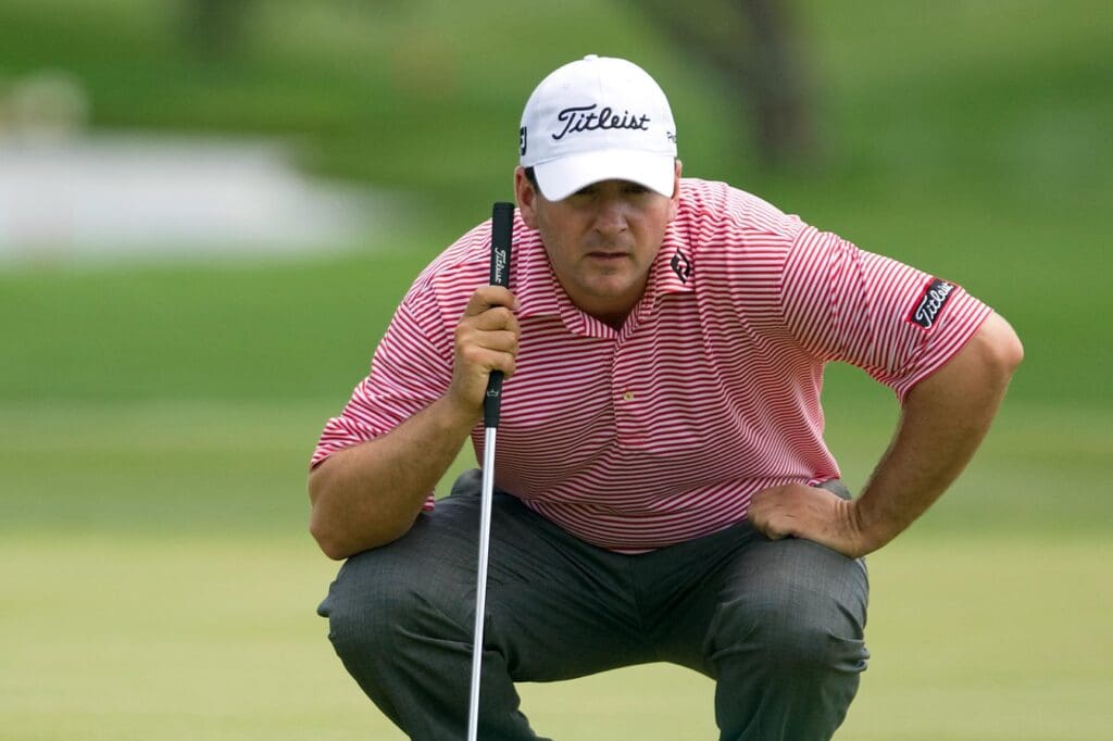 March. 26, 2010; Orlando, FL, USA; Ben Curtis lines up his putt on the 14th green during the second round of the Arnold Palmer Invitational at the Bay Hill Club & Lodge