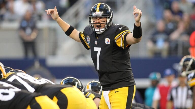 Dec 16, 2012; Arlington, TX, USA; Pittsburg Steelers quarterback Ben Roethlisberger (7) calls a play during the first half against the Dallas Cowboys at Cowboys Stadium.