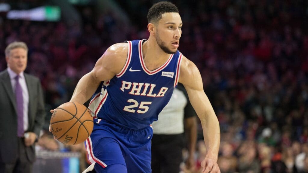 Dec 4, 2017; Philadelphia, PA, USA; Philadelphia 76ers guard Ben Simmons (25) dribbles against the Phoenix Suns during the third quarter at Wells Fargo Center.