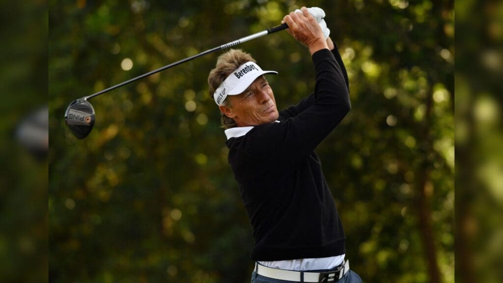 Bernhard Langer hits his tee shot on the 2nd hole during the second round of the Masters golf tournament at Augusta National Golf Club.