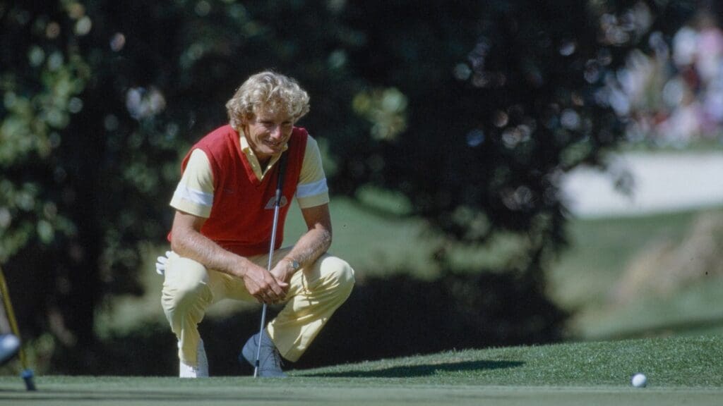 04/10/1985; Augusta, Georgia, USA; Bernhard Langer lines up putt at the Augusta National Golf Course during the 1985 Masters.