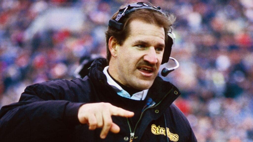 Dec 13, 1992; ,Chicago, IL, USA; FILE PHOTO; Pittsburgh Steelers head coach Bill Cowher speaks to his team on the sidelines against the Chicago Bears at Soldier Field.