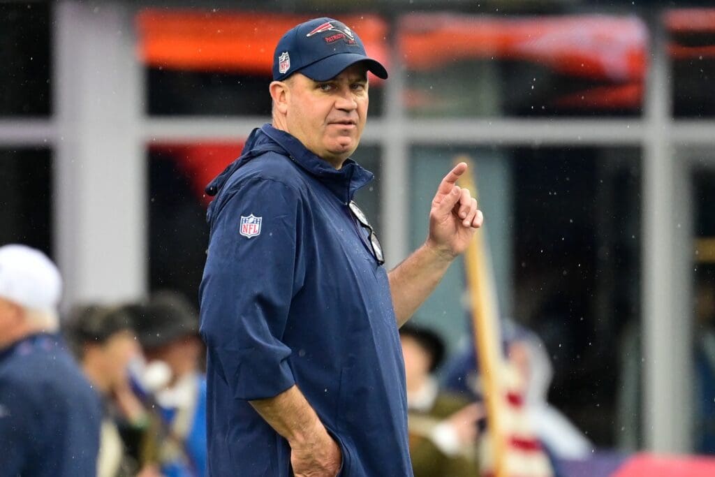 Sep 10, 2023; Foxborough, Massachusetts, USA; New England Patriots offensive coordinator / quarterbacks coach Bill OBrien prepares for a game against the Philadelphia Eagles during the warm-up period at Gillette Stadium.