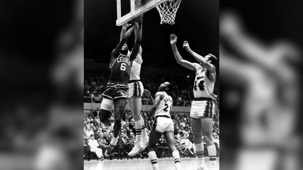 Unknown date; Los Angeles, CA, USA: FILE PHOTO; Boston Celtics center Bill Russell (6) in action against the Los Angeles Lakers.