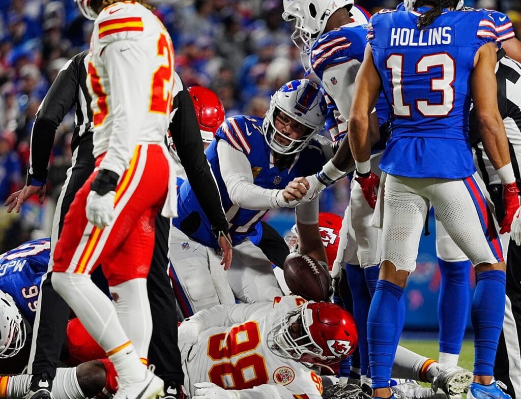 Bills quarterback Josh Allen gets the first down on the tush push play during second half action against the Kansas City Chiefs in Orchard Park, Nov.17, 2024.