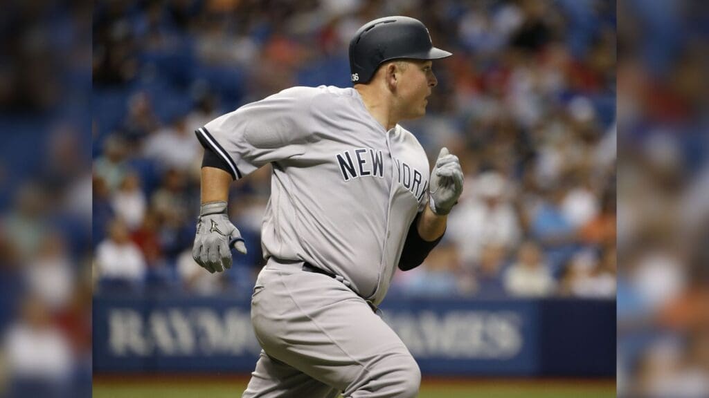 Sep 20, 2016; St. Petersburg, FL, USA; New York Yankees designated hitter Billy Butler (36) hits a double during the sixth inning against the Tampa Bay Rays at Tropicana Field.