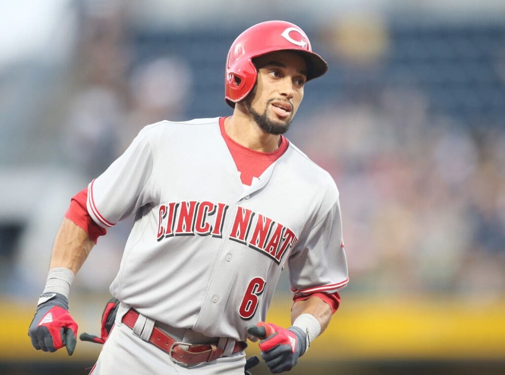 Aug 1, 2017; Pittsburgh, PA, USA; Cincinnati Reds center fielder Billy Hamilton (6) rounds the base on a three run home run against the Pittsburgh Pirates during the second inning at PNC Park