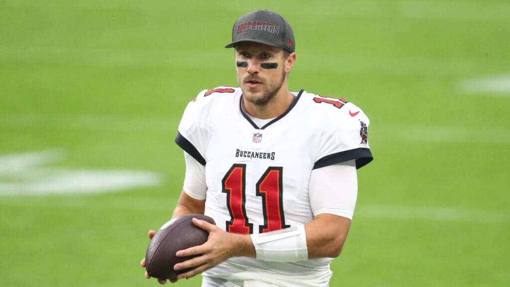 Oct 25, 2020; Paradise, Nevada, USA; Tampa Bay Buccaneers quarterback Blaine Gabbert (11) against the Las Vegas Raiders at Allegiant Stadium.