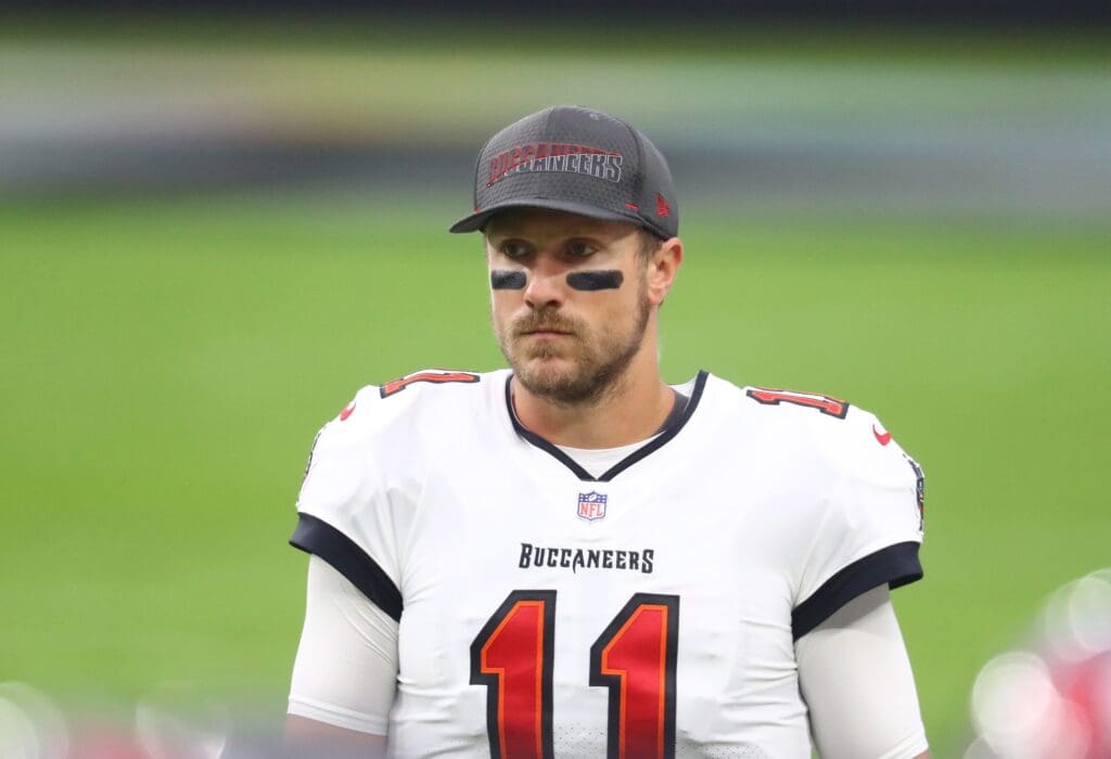 Oct 25, 2020; Paradise, Nevada, USA; Tampa Bay Buccaneers quarterback Blaine Gabbert (11) against the Las Vegas Raiders at Allegiant Stadium.