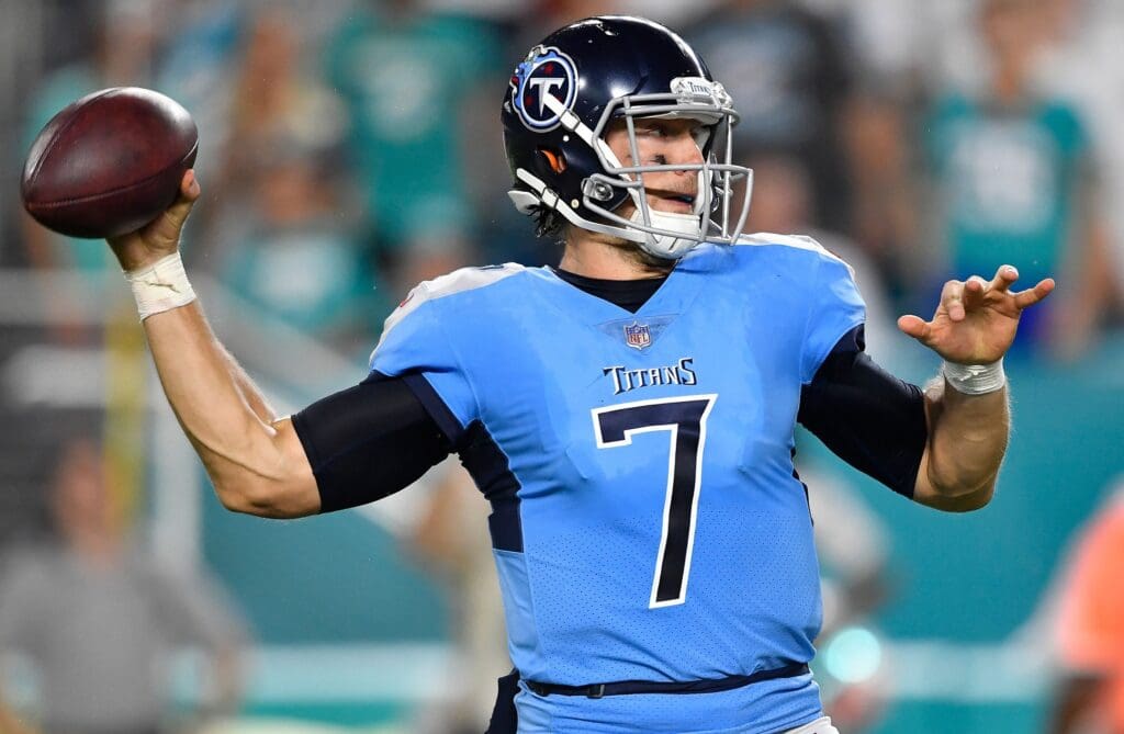 Titans quarterback Blaine Gabbert (7) throws a pass during their game against the Dolphins at Hard Rock Stadium Sunday, Sept. 9, 2018, in Miami Gardens, Fla. Nas Titans Gabbert 001