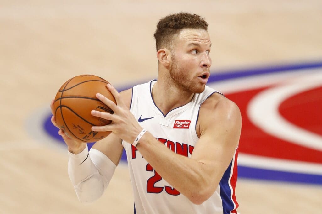 Jan 8, 2021; Detroit, Michigan, USA; Detroit Pistons forward Blake Griffin (23) turns with the ball during the second quarter against the Phoenix Suns at Little Caesars Arena.