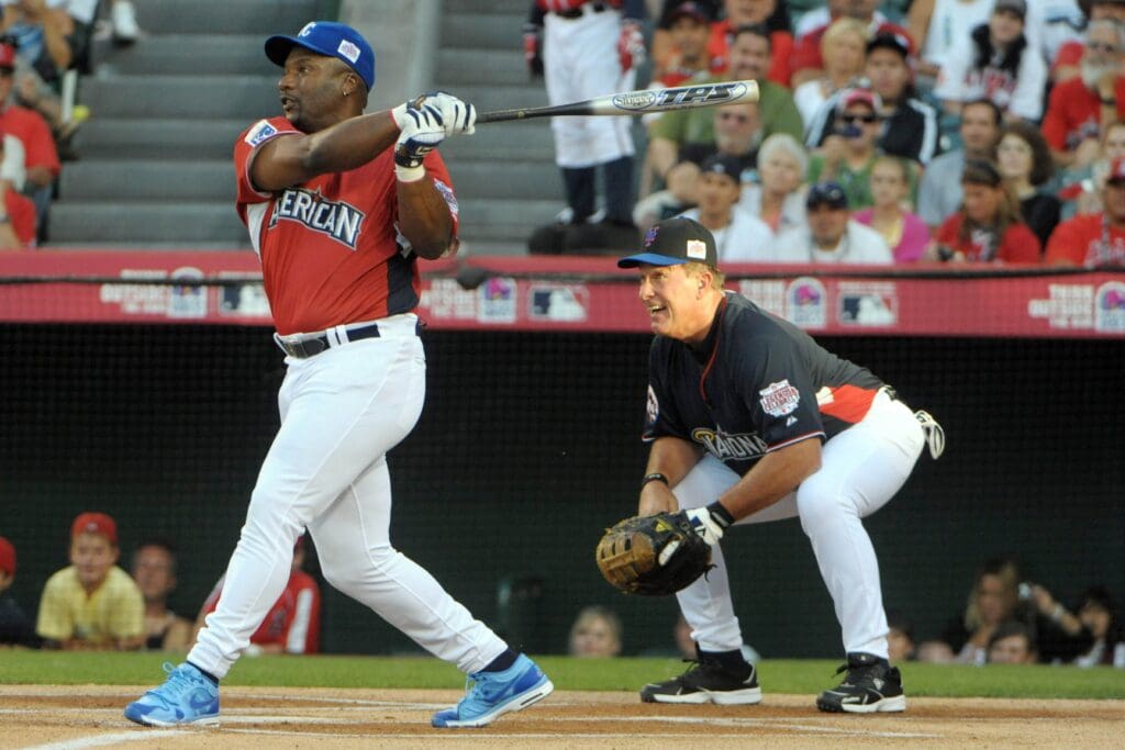 July 11, 2010; Anaheim, CA, USA; Kansas City Royals former player Bo Jackson bats during the 2010 All Star celebrity softball game at Angel Stadium.