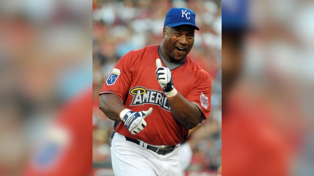 July 11, 2010; Anaheim, CA, USA; Kansas City Royals former player Bo Jackson celebrates after hitting a home run during the 2010 All Star celebrity softball game at Angel Stadium.