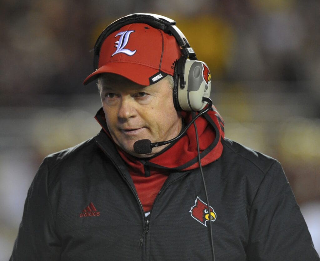Nov 8, 2014; Boston, MA, USA; Louisville Cardinals head coach Bobby Petrino during the second half against the Boston College Eagles at Alumni Stadium