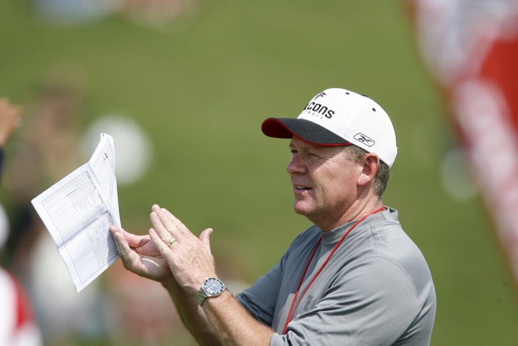 July 26, 2007; Flowery Branch, GA, USA; Atlanta Falcons head coach Bobby Petrino yells instructions during the first day of training camp at the Falcons Facility.
