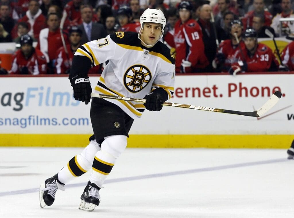 Dec. 10, 2008; Washington, DC, USA; Boston Bruins left wing Milan Lucic (17) skates against the Washington Capitals in the third period at Verizon Center. The Capitals won 3-1.