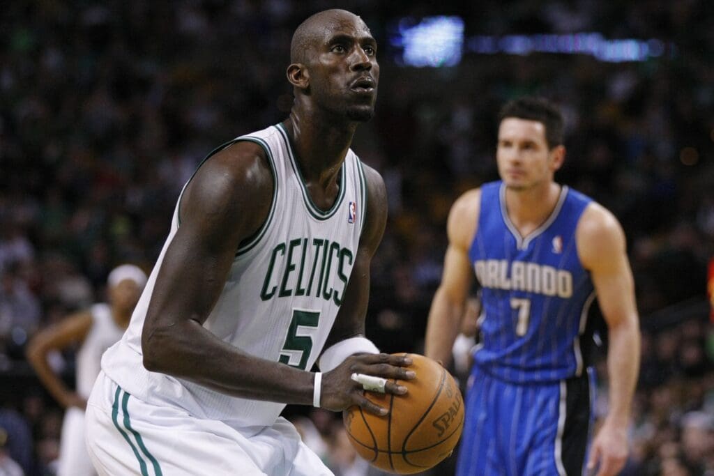 Feb 06, 2011; Boston, MA, USA; Boston Celtics power forward Kevin Garnett (5) prepares for a foul shot during the second half against the Orlando Magic at the TD Garden. The Celtics defeated Orlando 91-80.
