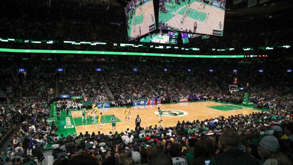 Nov 19, 2021; Boston, Massachusetts, USA; A general view of a game between the Los Angeles Lakers and the Boston Celtics during the first half at TD Garden