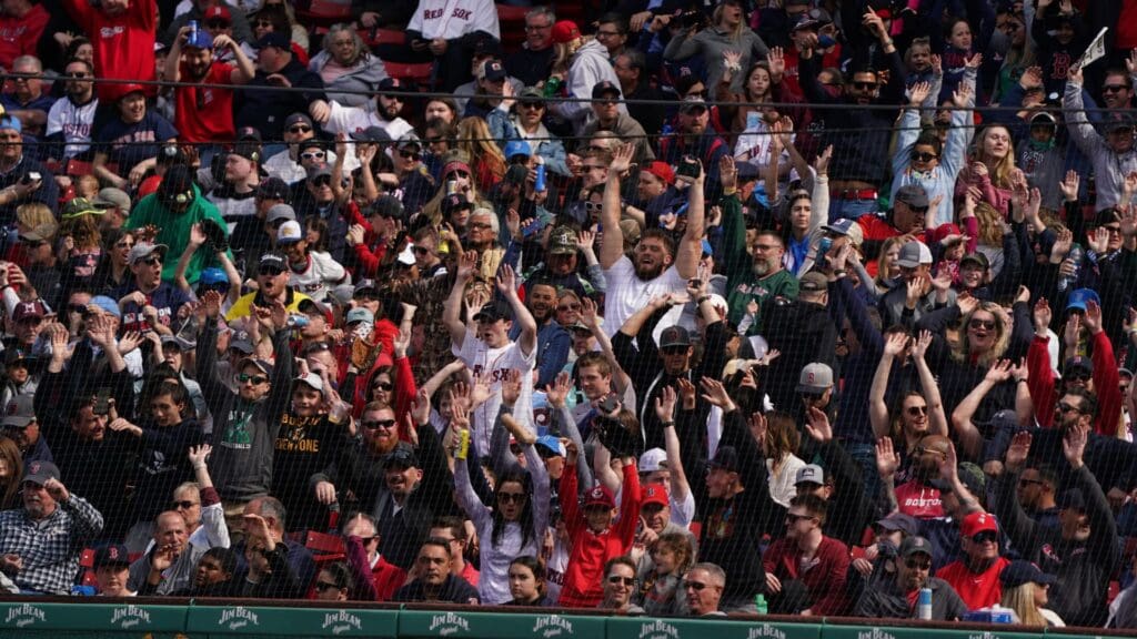 Apr 21, 2022; Boston, Massachusetts, USA; Boston Red Sox fans do the wave as they take on the Toronto Blue Jays in the seventh inning at Fenway Park.