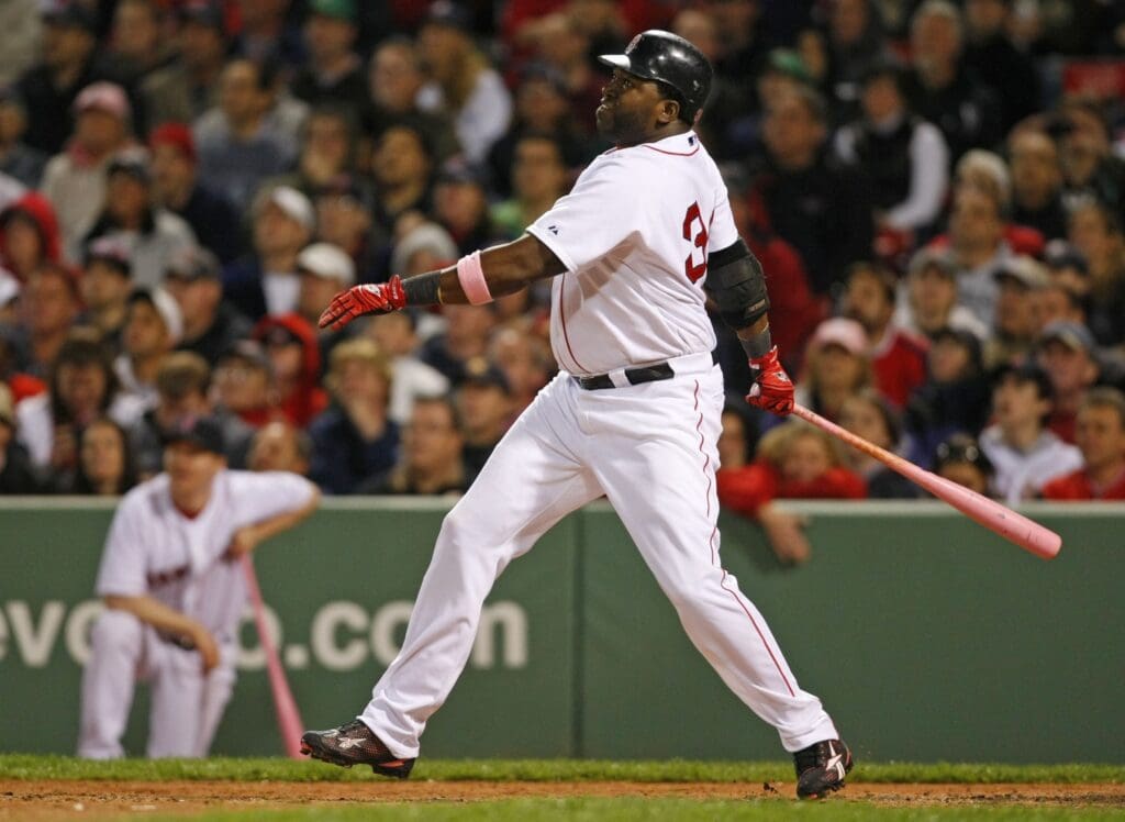 May 10, 2009; Boston, MA, USA; Boston Red Sox designated hitter David Ortiz (34) hits a double during the eighth inning against the Tampa Bay Rays at Fenway Park. Boston defeated Tampa Ray 4-3.