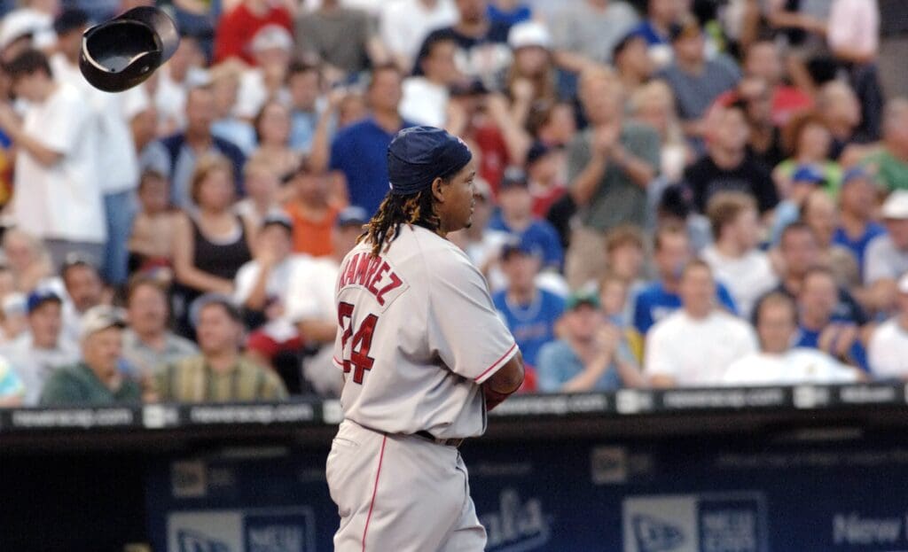 Aug 9, 2006; Kansas City, MO, USA: Boston Red Sox left fielder (24) Manny Ramirez throws his helmet in reaction as he strikes out in the bottom of the second against the Kansas City Royals at Kauffman Stadium in Kansas City, MO.