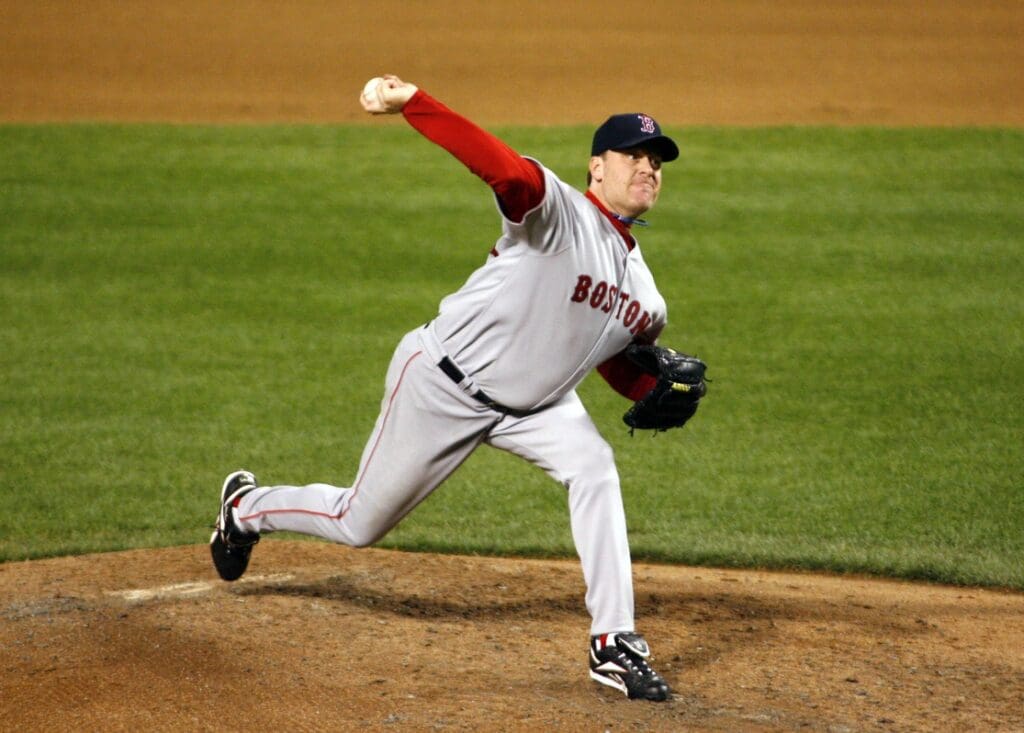 Apr. 25, 2007; Baltimore, MD, USA; Boston Red Sox pitcher (38) Curt Schilling delivers a pitch during the Red Sox matchup with the Baltimore Orioles at Camden Yards.