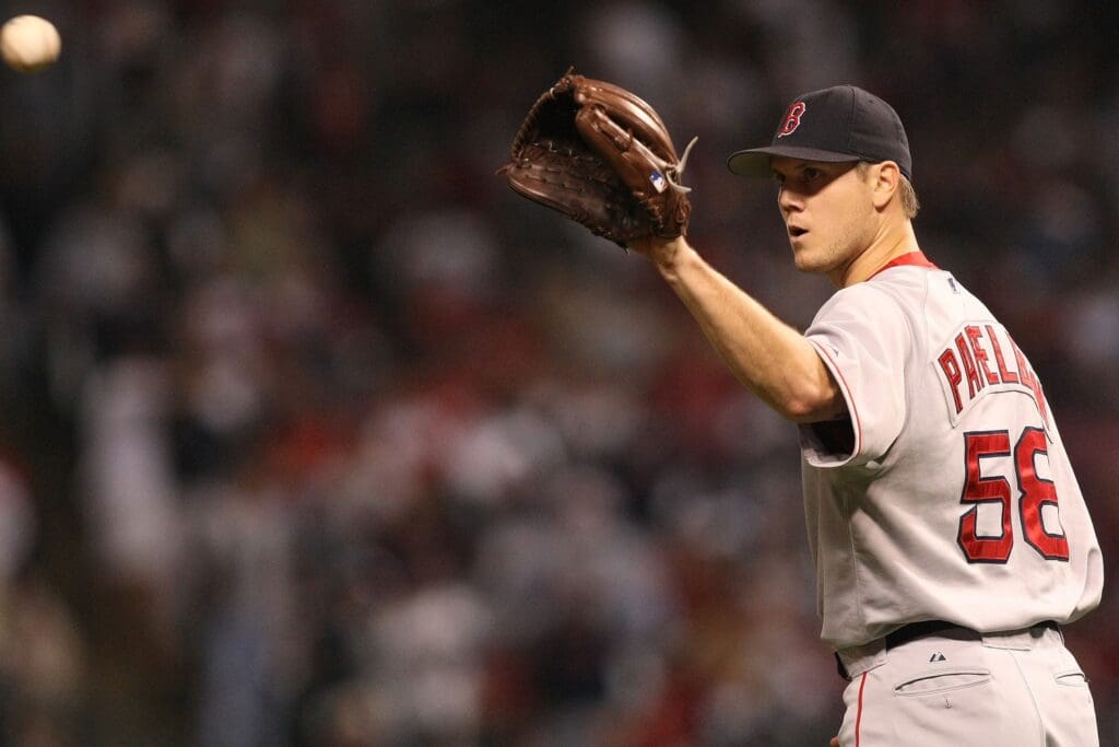 Oct 18, 2007; Cleveland, OH, USA; Boston Red Sox pitcher (58) Jonathan Papelbon during their game against the Cleveland Indians during game 5 of the 2007 American League Championship Series at Jacobs Field. The Red Sox beat the Indians 7-1.