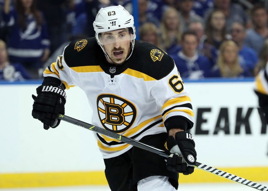 Apr 28, 2018; Tampa, FL, USA; Boston Bruins left wing Brad Marchand (63) skates during the third period of game one of the second round of the 2018 Stanley Cup Playoffs at Amalie Arena.