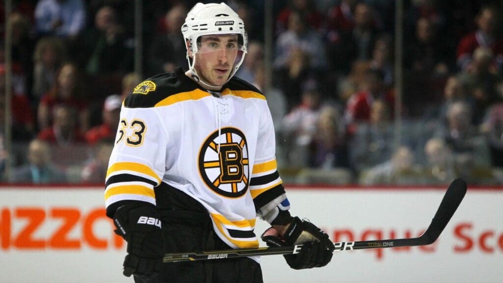 April 21, 2011; Montreal, QC, CANADA; Boston Bruins center Brad Marchand prior to a third period face off during game four of the first round of the 2011 Stanley Cup playoffs against the Montreal Canadiens at the Bell Center.