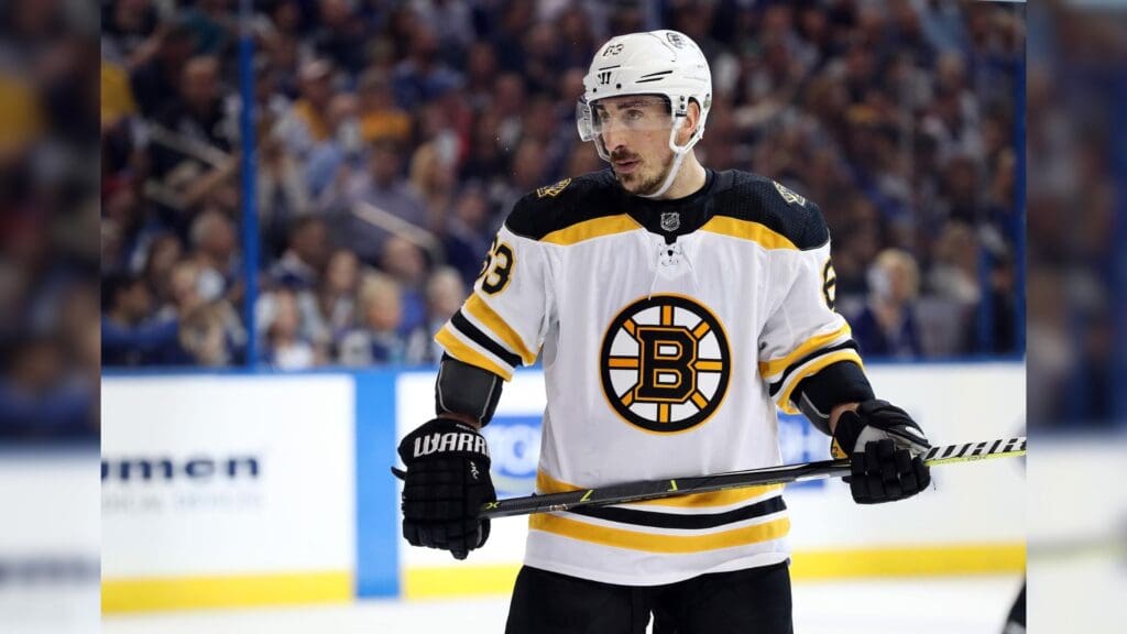Apr 28, 2018; Tampa, FL, USA; Boston Bruins left wing Brad Marchand (63) during the second period of game one of the second round of the 2018 Stanley Cup Playoffs at Amalie Arena.