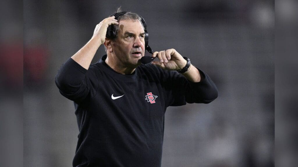 Nov 25, 2023; San Diego, California, USA; San Diego State Aztecs head coach Brady Hoke looks on during the second half against the Fresno State Bulldogs at Snapdragon Stadium.