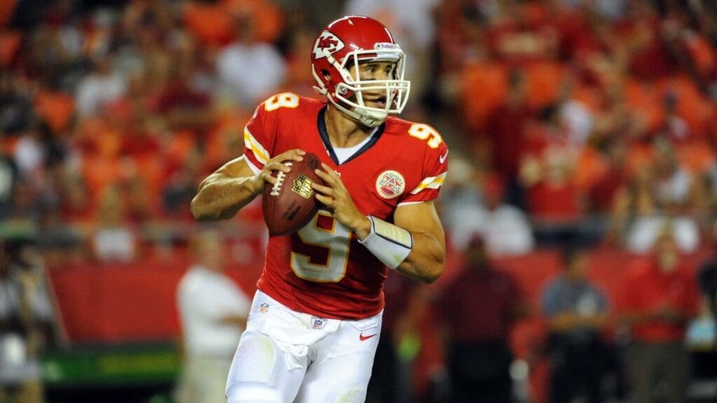 August 10, 2012; Kansas City, MO, USA; Kansas City Chiefs quarterback Brady Quinn (9) drops back to pass in the third quarter of the game against the Arizona Cardinals at Arrowhead Stadium. The Chiefs won 27-17.