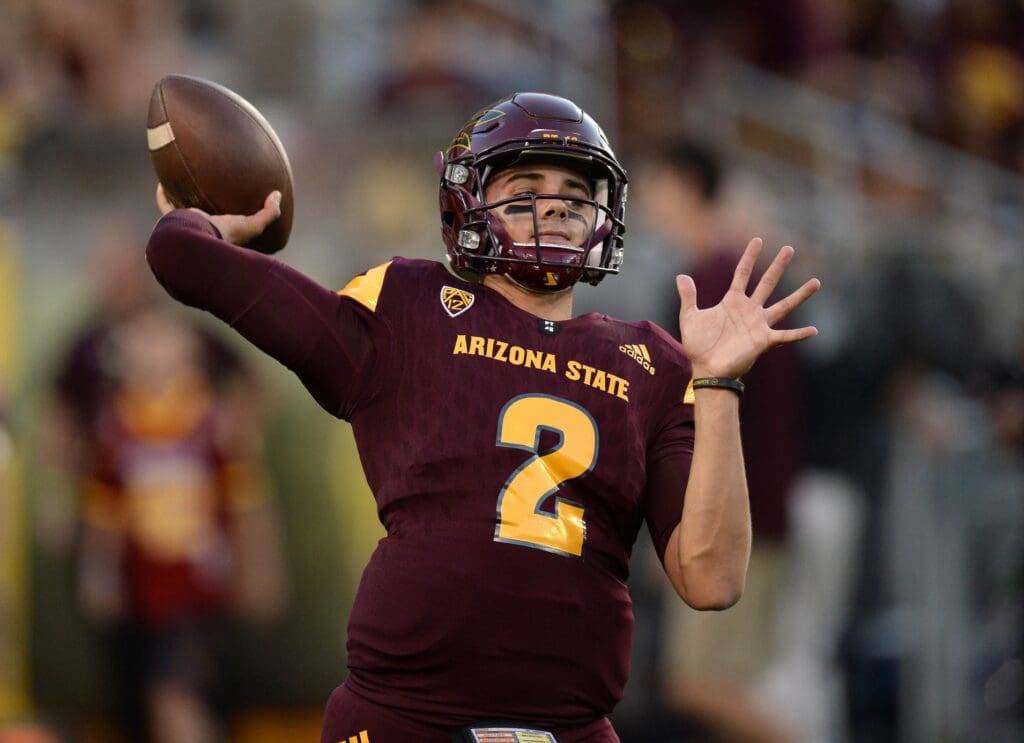 Sep 24, 2016; Tempe, AZ, USA; Arizona State Sun Devils quarterback Brady White (2) warms up prior to facing the California Golden Bears at Sun Devil Stadium. The Sun Devils won 51-41