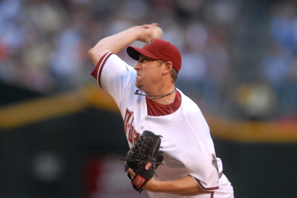 Jun 22, 2007; Phoenix, AZ, USA; Arizona Diamondbacks pitcher (17) Brandon Webb pitches against the Baltimore Orioles at Chase Field.