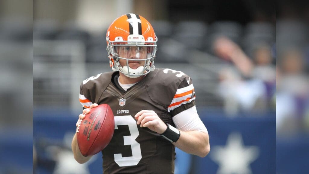 Nov 18, 2012; Arlington, TX, USA; Cleveland Browns quarterback Brandon Weeden (3) warms up before the game against the Dallas Cowboys at Cowboys Stadium. The Cowboys beat the Browns 23-20 in overtime.
