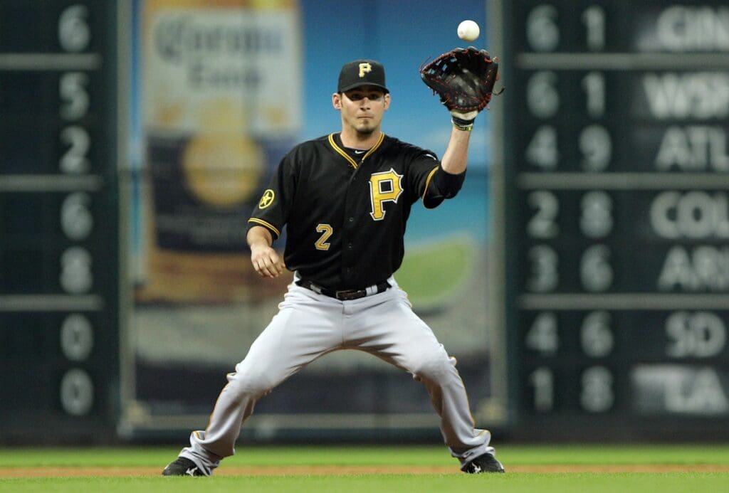August 30, 2011; Houston, TX, USA; Pittsburgh Pirates infielder Brandon Wood (2) catches a line drive for an out in the sixth inning against the Houston Astros at Minute Maid Park.