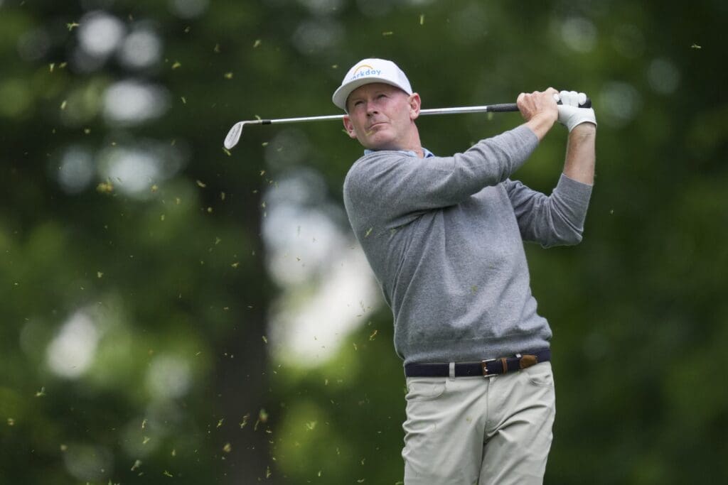May 31, 2025; Dublin, Ohio, USA; Brandt Snedeker plays his shot from the fairway on the ninth hole during the third round of the Memorial Tournament presented by Workday golf tournament.