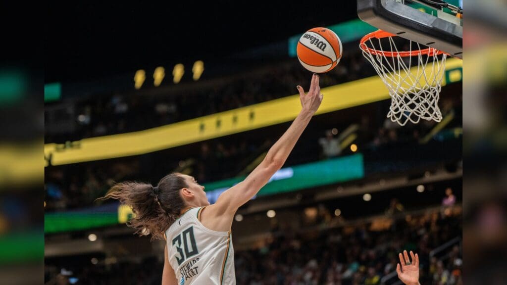 Jun 22, 2025; Seattle, Washington, USA; New York Liberty forward Breanna Stewart (30) shoots a basket during the second half against the Seattle Storm at Climate Pledge Arena.