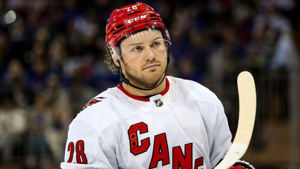 Jan 2, 2024; New York, New York, USA; Carolina Hurricanes left wing Brendan Lemieux (28) skates against the New York Rangers during the first period at Madison Square Garden.